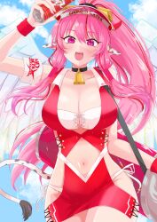 Rule 34 | 1girl, absurdres, animal ears, bemani, breasts, cleavage, cow ears, cow tail, fujimura ram, highres, large breasts, long hair, midriff, navel, pink eyes, pink hair, rasis, solo, sound voltex, tail