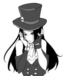 Rule 34 | 1other, ascot, asymmetrical sleeves, black hair, guilty gear, guilty gear strive, hat, highres, limited palette, long hair, looking at viewer, mgxcr, other focus, red eyes, single tear, testament (guilty gear), top hat