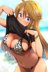 Rule 34 | 1girl, ahoge, bad id, bad twitter id, beach, bikini, black shirt, blue sky, blurry, blurry background, blush, bracelet, breasts, brown hair, cleavage, commentary, covered mouth, cowboy shot, day, earrings, highres, idolmaster, idolmaster million live!, jewelry, large breasts, long hair, looking at viewer, navel, outdoors, run p (aveton), shirt, short sleeves, sky, solo, swimsuit, tan, thighs, tokoro megumi, undressing, water