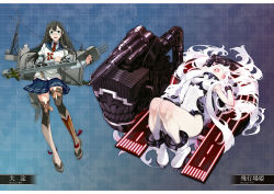 Rule 34 | 10s, 2girls, abyssal ship, aircraft catapult, airfield princess, akira (kadokawa), ankle boots, artist name, black hair, boots, cannon, character name, fujikawa, glasses, hairband, high heels, highres, kantai collection, lace, lace-trimmed legwear, lace trim, long hair, multiple girls, non-web source, official art, ooyodo (kancolle), radio antenna, semi-rimless eyewear, smile, thighhighs, under-rim eyewear, very long hair, white footwear, white hair