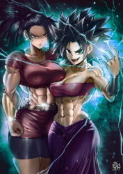 Rule 34 | 2girls, abs, asymmetrical docking, bare shoulders, black hair, bracer, breast press, breasts, caulifla, curvy, dragon ball, dragon ball super, earrings, female focus, hand on another&#039;s hip, highres, jewelry, kale (dragon ball), lightning, looking at viewer, matching hair/eyes, medium hair, multiple girls, muscular, muscular female, ponytail, skindentation, spiked hair, strapless, the golden smurf, tube top