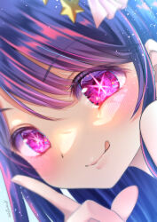 Rule 34 | 1girl, :q, absurdres, artist name, blush, close-up, closed mouth, commentary, commentary request, dutch angle, english commentary, eye focus, eyelashes, hair ornament, highres, hoshikage wataru, hoshino ai (oshi no ko), index finger raised, light particles, long hair, looking at viewer, mixed-language commentary, oshi no ko, portrait, purple eyes, purple hair, solo, star-shaped pupils, star (symbol), star hair ornament, symbol-shaped pupils, tongue, tongue out