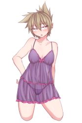 Rule 34 | 1girl, babydoll, bare shoulders, blush, bow, breasts, brown hair, cleavage, cropped legs, hand on own hip, kneeling, kuroba rapid, lingerie, looking at viewer, medium breasts, panties, pink bow, pointy hair, purple babydoll, see-through, simple background, solo, touhou, toyosatomimi no miko, underwear, white background, yellow eyes