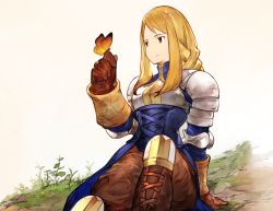 Rule 34 | 1girl, absurdres, agrias oaks, arm behind back, arm support, armor, blonde hair, braid, breastplate, brown eyes, brown gloves, bug, butterfly, closed mouth, final fantasy, final fantasy tactics, gloves, grass, hand up, highres, bug, knee pads, leaf, long hair, no nose, official style, plant, shoulder pads, sidelocks, single braid, sitting, smile, solo, yashigaras