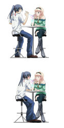 Rule 34 | 1boy, 1girl, bare shoulders, blonde hair, blue hair, boots, couple, drinking, drinking straw, embarrassed, closed eyes, hetero, highres, jewelry, lapis, crossed legs, locket, long hair, macross, macross frontier, pendant, ponytail, saotome alto, sharing, sheryl nome, sitting, stool, table, thighhighs, uniform