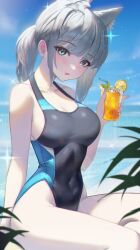 Rule 34 | 1girl, absurdres, animal ear fluff, animal ears, bare arms, bare legs, bare shoulders, black one-piece swimsuit, blue archive, blue eyes, blush, collarbone, competition swimsuit, covered navel, cross hair ornament, drink, drinking straw, extra ears, fang, grey hair, hair ornament, highres, holding, holding drink, looking at viewer, lumen re, medium hair, official alternate costume, one-piece swimsuit, open mouth, shiroko (blue archive), shiroko (swimsuit) (blue archive), skin fang, solo, swimsuit, wolf ears