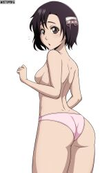 Rule 34 | 1girl, absurdres, ass, black hair, bleach, blush, breasts, brown eyes, highres, hinamori momo, looking at viewer, looking back, mistowing, no bra, open mouth, panties, pink panties, short hair, shoulder blades, simple background, small breasts, solo, surprised, topless, underwear, underwear only, wedgie, white background
