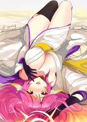 Rule 34 | 1girl, :d, absurdres, angel wings, asymmetrical legwear, bad id, bad tumblr id, breasts, cleavage, commentary, commission, spiked halo, cross, feathered wings, gloves, gradient hair, halo, highres, japanese clothes, jibril (no game no life), kimono, large breasts, long hair, looking at viewer, low wings, lying, magic circle, mismatched legwear, multicolored hair, no game no life, on back, open mouth, ormille, pink hair, smile, solo, symbol-shaped pupils, tattoo, twitter username, white wings, wing ears, wings, yellow eyes