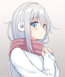 Rule 34 | 1girl, alternate costume, blue eyes, blush, breath, earmuffs, grey background, hair between eyes, hibiki (kancolle), highres, jacket, kantai collection, long hair, long sleeves, myht, pink scarf, scarf, silver hair, simple background, solo, upper body, white jacket