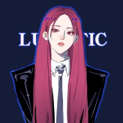 Rule 34 | 1girl, black jacket, blue necktie, chinese commentary, collared shirt, earrings, eyeshadow, hair behind ear, head tilt, highres, jacket, jewelry, k-pop, long hair, looking at viewer, makeup, mamamoo, moonbyul (mamamoo), necktie, parted bangs, parted lips, pink eyeshadow, pink hair, qiao nan 1028 hao, real life, red eyes, shirt, solo, song name, upper body, very long hair, white shirt