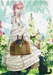 Rule 34 | 1girl, absurdres, bag, black cat, black footwear, blonde hair, bow, braid, braided bun, cat, closed mouth, collared dress, day, dress, english text, flower, full body, hair bow, hair bun, highres, holding, holding bag, hollyhock, juliet sleeves, lace, lace-trimmed dress, lace trim, layered dress, long dress, long sleeves, looking at animal, looking to the side, mamakirasnc, original, pink flower, puffy sleeves, purple eyes, sidelocks, solo, tassel, text background, walking, white bow, white dress, white flower