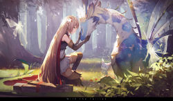 Rule 34 | 1girl, arisa (shadowverse), bare shoulders, belt, black gloves, boots, brown hair, brown thighhighs, cape, closed eyes, closed mouth, creature, day, elbow gloves, english text, fairy, flower, flying, forest, from side, full body, gloves, grass, green eyes, hair flower, hair ornament, hair ribbon, headpat, high-waist skirt, highres, kieed, long hair, nature, on one knee, outdoors, pointy ears, profile, red cape, red ribbon, ribbon, shadowverse, sheath, sheathed, skirt, sleeveless, smile, sunlight, sword, thigh boots, thighhighs, tree, very long hair, weapon, white skirt, zettai ryouiki
