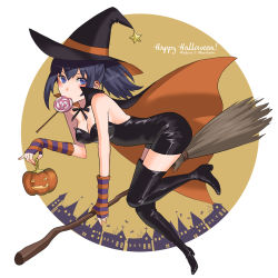 Rule 34 | 1girl, blue eyes, blue hair, boots, broom, broom riding, candy, earrings, food, halloween, halloween costume, hat, highres, holding, holding broom, jewelry, large hat, leona heidern, lollipop, ponytail, pumpkin, sakura mafumi, short ponytail, snk, solo, the king of fighters, thigh boots, witch, witch hat