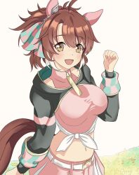 Rule 34 | 1girl, ahoge, animal ears, belt, blush, breasts, brown eyes, brown hair, clenched hand, clenched hands, commentary request, dantsu flame (umamusume), hair ornament, headband, highres, horse ears, horse girl, horse tail, large breasts, looking at viewer, masasim, midriff, simple background, solo, tail, umamusume, white background