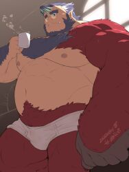 Rule 34 | 1boy, abs, bara, beard, beast arm, belly, blue fur, body fur, briefs, bulge, cowboy shot, crave saga, cup, facial hair, full beard, glasses, holding, holding cup, huge eyebrows, huge pectorals, maguma taishi (magumani), male focus, male underwear, mature male, mismatched arms, monster boy, muscular, muscular male, navel, nipples, oversized limbs, phil (crave saga), pointy ears, red fur, round eyewear, sanpaku, short hair, solo, standing, steam, stomach, strongman waist, thick beard, thick navel hair, thick thighs, thighs, topless male, tusks, two-tone fur, underwear, white male underwear, window shadow