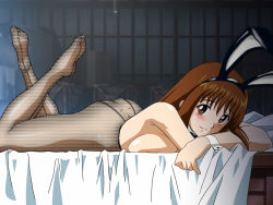 Rule 34 | 00s, 1girl, animal ears, ass, bare shoulders, bed sheet, blush, bow, bowtie, breast press, breasts, brown eyes, brown hair, crate, doi shizuha, female focus, indoors, long hair, lying, nipples, no panties, on stomach, pantyhose, rabbit ears, sideboob, smile, solo, stratos 4, the pose, warehouse, wrist cuffs