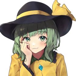 Rule 34 | 1girl, blush, green eyes, green hair, hand on own face, hat, keikei 927, komeiji koishi, long hair, long sleeves, looking at viewer, middle finger, raised eyebrow, shirt, simple background, smirk, solo, touhou, upper body, white background, yellow shirt