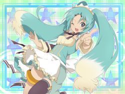Rule 34 | 00s, 180yen (artist), 1boy, aqua background, aqua theme, blue hair, gradient hair, grey eyes, male focus, mieu (tales), multicolored hair, one eye closed, personification, solo, tales of (series), tales of the abyss, thighhighs, trap, twintails, white hair, wink