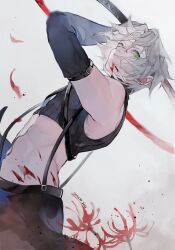 Rule 34 | 1boy, artist name, bare shoulders, black gloves, black pants, blood, blood on face, crop top, elbow gloves, falling petals, fighting stance, final fantasy, final fantasy vii, final fantasy vii ever crisis, flower, gloves, green eyes, grey hair, hair between eyes, highres, holding, holding sword, holding weapon, katana, looking at viewer, male focus, midriff, pants, parted bangs, petals, red petals, ryona kuma, sephiroth, short hair, sleeveless, sleeveless turtleneck, slit pupils, solo, spider lily, suspenders, sword, turtleneck, upper body, weapon, white background