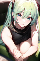 Rule 34 | 1girl, 95---, bad id, bad pixiv id, bare shoulders, black dress, blurry, blush, depth of field, dress, green eyes, green hair, hair between eyes, hair ornament, hatsune miku, highres, indoors, long hair, looking at viewer, parted lips, sleeveless, sleeveless dress, solo, twintails, very long hair, vocaloid