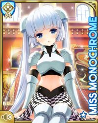 Rule 34 | 1girl, :o, armor, black shirt, blue eyes, blunt bangs, brown background, card, character name, checker pattern, chestplate, day, frontal view, girlfriend (kari), indoors, miss monochrome, miss monochrome (character), official art, open mouth, qp:flapper, shirt, sitting, skirt, solo, tagme, thighhighs, twintails, white footwear, white hair