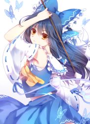 Rule 34 | 1girl, alternate color, ascot, black hair, blue bow, blue skirt, bow, bug, butterfly, closed mouth, commentary, cowboy shot, detached sleeves, frilled ribbon, frilled shirt collar, frills, from side, gohei, hair bow, hair tubes, hakurei reimu, holding, insect, light smile, long hair, looking at viewer, midriff, moseley, navel, player 2, ribbon, ribbon-trimmed sleeves, ribbon trim, sarashi, simple background, skirt, skirt set, solo, touhou, white background, wide sleeves, yellow ascot, yellow eyes