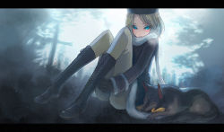 Rule 34 | 1girl, bad id, bad pixiv id, blonde hair, blue eyes, boots, dog, fur trim, hat, hugging own legs, kagamine rin, knee boots, letterboxed, psycho-puzzle, pyon-kichi, scarf, sitting, solo, tears, vocaloid