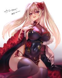 Rule 34 | 1girl, :d, black dress, black thighhighs, blonde hair, blurry, breasts, china dress, chinese clothes, cleavage, commission, covered navel, depth of field, dress, flower, frills, hair flower, hair ornament, hand on own chest, highres, large breasts, open mouth, panties, pelvic curtain, phantasy star, phantasy star online 2, pointy ears, red eyes, second-party source, shiny clothes, short dress, side-tie panties, sidelocks, sitting, skeb commission, smile, solo, string panties, teeth, thighhighs, two side up, underwear, upper teeth only, wide sleeves, zero-go