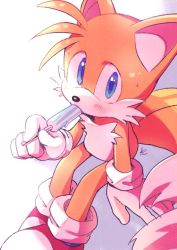 Rule 34 | 1boy, arm support, blue eyes, food, food in mouth, fox boy, furry, furry male, gloves, invisible chair, looking at viewer, misuta710, multiple tails, popsicle, protected link, sitting, solo, sonic (series), tail, tails (sonic), two tails, white gloves