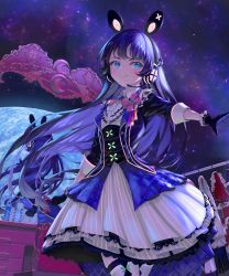 Rule 34 | 1girl, absurdres, animal ear headphones, animal ears, atatatatame01, black gloves, blue eyes, blush, commentary request, cowboy shot, dress, fake animal ears, gem, gloves, headphones, highres, lips, long hair, looking to the side, microphone, mirror, neck ribbon, nijisanji, purple hair, rabbit ear headphones, ribbon, smile, solo, standing, striped clothes, striped dress, thighhighs, tsukino mito, tsukino mito (13th costume), very long hair, virtual youtuber