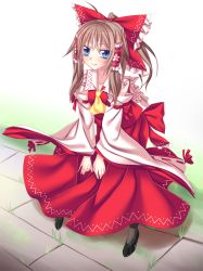 Rule 34 | 1girl, ascot, bad id, bad pixiv id, black legwear, blue eyes, bow, brown hair, detached sleeves, female focus, grass, hair bow, hair ribbon, hair tubes, hakurei reimu, hands on own knees, high heels, highres, ina (inadahime), japanese clothes, leaning forward, lips, looking at viewer, miko, path, ribbon, road, shoes, skirt, smile, solo, touhou, wide sleeves