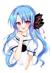 Rule 34 | 1girl, ascot, black ascot, black bow, blue hair, blush, bow, braid, commentary request, cropped torso, crown braid, eyelashes, eyes visible through hair, finger to cheek, flower, hair between eyes, hair bow, hair ornament, hand up, highres, long hair, looking at viewer, open mouth, puffy short sleeves, puffy sleeves, red eyes, red tassel, ringed eyes, sailor collar, school uniform, shirt, short sleeves, simple background, smile, solo, sorakado ao, summer pockets, tassel, tassel hair ornament, very long hair, white background, white sailor collar, white shirt, yaki-ayato