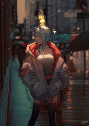 Rule 34 | 1girl, absurdres, animal ear fluff, animal ears, belt, black thighhighs, blue eyes, blurry, blurry background, braid, breasts, contrapposto, crown, depth of field, ear piercing, french braid, grey jacket, hair ornament, hairclip, hands in pockets, highres, jacket, jiliang jiying yumao, large breasts, liquid hair, long hair, nijisanji, nyatsuki (virtuareal), outdoors, parted lips, piercing, ponytail, profile, red belt, shirt, sidelocks, skindentation, solo, standing, thighhighs, two-sided fabric, two-sided jacket, virtual youtuber, virtuareal, wet, wet hair, white shirt