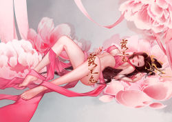 Rule 34 | 1girl, bare legs, bra, bra tug, brown hair, character request, cony (comicsun), floating, floral background, grey background, hair ornament, jian xia qing yuan (series), jianxia qingyuan (series), jianxia qingyuan online 3, long hair, looking at viewer, lying, nail polish, on back, pink bra, red nails, teeth, underwear