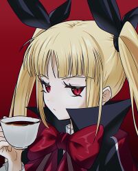 Rule 34 | 1girl, absurdres, bbhdrrr, black capelet, black ribbon, blazblue, blonde hair, bow, bowtie, capelet, closed mouth, cross, cup, frilled sleeves, frills, hair ribbon, highres, holding, holding cup, long hair, long sleeves, looking at viewer, parted bangs, popped collar, profile, rachel alucard, red background, red bow, red bowtie, red eyes, ribbon, simple background, skirt, slit pupils, solo, teacup, thick eyelashes, twintails, upper body, very long hair, wide sleeves