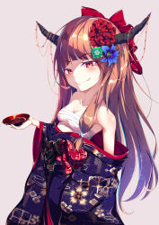 Rule 34 | 1girl, absurdres, alcohol, alternate costume, bandages, bare shoulders, blue flower, blue kimono, blush, bow, breasts, brown hair, cleavage, collarbone, commentary request, cup, fang, fang out, flower, green flower, grey background, hair bow, hair flower, hair ornament, highres, holding, holding cup, horns, ibuki suika, japanese clothes, kimono, long hair, long sleeves, looking at viewer, off shoulder, oni, oni horns, red bow, red eyes, red flower, sakazuki, sake, sarashi, simple background, single sidelock, small breasts, smile, solo, strapless, touhou, tube top, upper body, white background, wide sleeves, yamanakaume