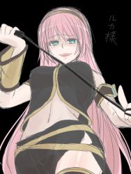 Rule 34 | 1girl, asymmetrical sleeves, black background, breasts, from below, green eyes, long hair, looking at viewer, megurine luka, naughty face, nyakelap, pink hair, simple background, smile, solo, thighs, uneven sleeves, very long hair, vocaloid, whip