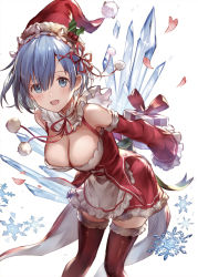 Rule 34 | 10s, 1girl, 77gl, adapted costume, apron, arms behind back, bad id, bad twitter id, blue eyes, blue hair, blush, box, breasts, christmas, cleavage, cropped, detached collar, detached sleeves, fur-trimmed legwear, fur trim, gift, gift box, granblue fantasy (style), hair ornament, hair ribbon, hat, highres, holding, holding behind back, large breasts, leaning forward, looking at viewer, maid, petals, pom pom (clothes), re:zero kara hajimeru isekai seikatsu, red thighhighs, rem (re:zero), ribbon, santa costume, santa hat, short hair, simple background, smile, snowflakes, solo, thighhighs, waist apron, white background, x hair ornament, zettai ryouiki