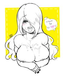 Rule 34 | 1girl, ahegao, breasts, cleavage, cum, cum on body, cum on breasts, cum on upper body, hair over one eye, highres, large breasts, long hair, looking at viewer, nipples, open mouth, simple background, smile, solo, spot color, tagme, upper body