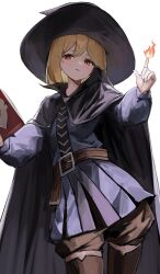 Rule 34 | 1girl, absurdres, belt, belt buckle, black cape, black hat, black shorts, black thighhighs, blonde hair, blue shirt, blue skirt, blush, book, brown belt, buckle, cape, closed mouth, commentary request, djeeta (granblue fantasy), fire, granblue fantasy, hat, highres, holding, holding book, long sleeves, looking at viewer, pleated skirt, puffy long sleeves, puffy shorts, puffy sleeves, red eyes, shiro wa (shiroshironix), shirt, shorts, shorts under skirt, simple background, skirt, solo, thighhighs, white background, witch hat, wizard (granblue fantasy)