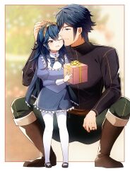 Rule 34 | 1boy, 1girl, ameno (a meno0), blue eyes, blue hair, boots, christmas, chrom (fire emblem), father and daughter, fire emblem, fire emblem awakening, gift, headpat, jewelry, long hair, long sleeves, lucina (fire emblem), nintendo, one eye closed, pants, pantyhose, ring, short hair, smile, squatting, tiara, wedding ring, white pantyhose