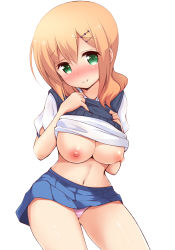 Rule 34 | 10s, 1girl, blue skirt, blush, breasts, closed mouth, clothes lift, green eyes, hair between eyes, hair ornament, hairclip, hands on own chest, head tilt, highres, large breasts, lifted by self, light brown hair, long hair, navel, nipples, nose blush, panties, pink panties, pleated skirt, puffy short sleeves, puffy sleeves, school uniform, shirt lift, short sleeves, simple background, sitting, skirt, slow start, smile, solo, sweater vest, tokura eiko, underwear, white background, yuu (yumezakura)