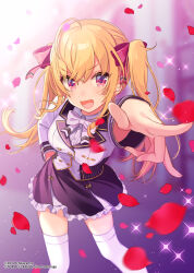 Rule 34 | 1girl, ahoge, black skirt, blazer, blonde hair, bow, bowtie, breasts, buttons, collar, copyright notice, double-breasted, falling petals, frilled skirt, frills, hair bow, hand on own hip, highres, jacket, large breasts, long hair, looking at viewer, nijisanji, official art, petals, pointing, red bow, red eyes, rose petals, school uniform, shigure ui, skirt, smile, solo, sparkle, sweater, takamiya rion, thighhighs, twintails, virtual youtuber, white bow, white bowtie, white jacket, white sweater, white thighhighs, wixoss
