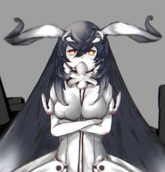 Rule 34 | 10s, 1girl, abyssal ship, anchorage water oni, black background, black hair, breasts, brown eyes, colored skin, crossed arms, female focus, hair between eyes, haqin, highres, horns, kantai collection, long hair, looking at viewer, medium breasts, simple background, solo, very long hair, white skin