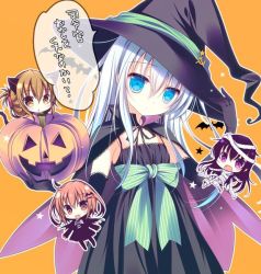 Rule 34 | 10s, 4girls, akatsuki (kancolle), animal ears, bat (animal), blue eyes, brown eyes, brown hair, cape, cat ears, cat tail, chibi, chibi inset, cosplay, detached sleeves, dress, hairband, halloween, halloween costume, hat, hat tip, hibiki (kancolle), ikazuchi (kancolle), inazuma (kancolle), kantai collection, lace, lace-trimmed dress, lace trim, long hair, looking at viewer, multiple girls, mummy, mummy (cosplay), open mouth, pumpkin, purple eyes, purple hair, ribbon, shirogane hina, short hair, simple background, solo focus, tail, translation request, witch, witch hat