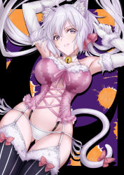 Rule 34 | 1girl, animal ear fluff, animal ears, arms up, axia-chan, bell, neck bell, black border, border, bow, breasts, cat ears, cat tail, collar, garter straps, gluteal fold, halloween, highres, large breasts, looking at viewer, outside border, panties, pink bow, purple eyes, senki zesshou symphogear, silver hair, solo, tail, tail bow, tail ornament, thighhighs, thighs, twintails, underwear, white panties, yukine chris