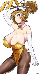 Rule 34 | 1girl, absurdres, aiuti, animal ears, bare shoulders, black pantyhose, bow, bowtie, bracelet, breasts, cleavage, commentary request, detached collar, elbow gloves, gloves, gold bowtie, gold leotard, gundam, gundam build fighters, highres, hoshino fumina, huge breasts, jewelry, leotard, pantyhose, playboy bunny, pointy breasts, rabbit ears, rabbit tail, sagging breasts, side-tie leotard, solo, standing, strapless, strapless leotard, tail, thighband pantyhose, twitter username, white background, white gloves
