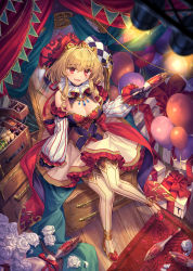Rule 34 | 1girl, :d, absurdres, bad id, bad pixiv id, balloon, bare shoulders, blonde hair, breasts, brown thighhighs, chair, cleavage, detached sleeves, facial mark, gift, hat, heart, heart facial mark, highres, holding, indoors, jester cap, jewelry, juggling club, large breasts, long sleeves, looking at viewer, medium hair, necklace, open mouth, original, pantyhose, puffy long sleeves, puffy sleeves, red eyes, red footwear, rug, shichigatsu, shoes, sitting, smile, solo, teardrop facial mark, thighhighs, thighhighs over pantyhose, thighs, white thighhighs