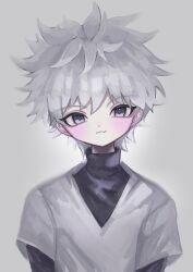 Rule 34 | 1boy, :3, black shirt, closed mouth, grey background, highres, layered sleeves, long sleeves, looking at viewer, male focus, original, shiona (siona0625), shirt, short hair, short over long sleeves, short sleeves, simple background, smile, solo, turtleneck, upper body, v-neck, very short hair, white hair, white shirt