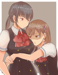 Rule 34 | 10s, 2girls, :t, another, ay, bad id, bad pixiv id, black hair, bow, breast envy, breasts, brown eyes, brown hair, hair bow, hug, large breasts, multiple girls, ogura yumi, pout, raised eyebrow, ribbon, satou kazue, school uniform, shaded face, short hair, small breasts, twintails, yuri